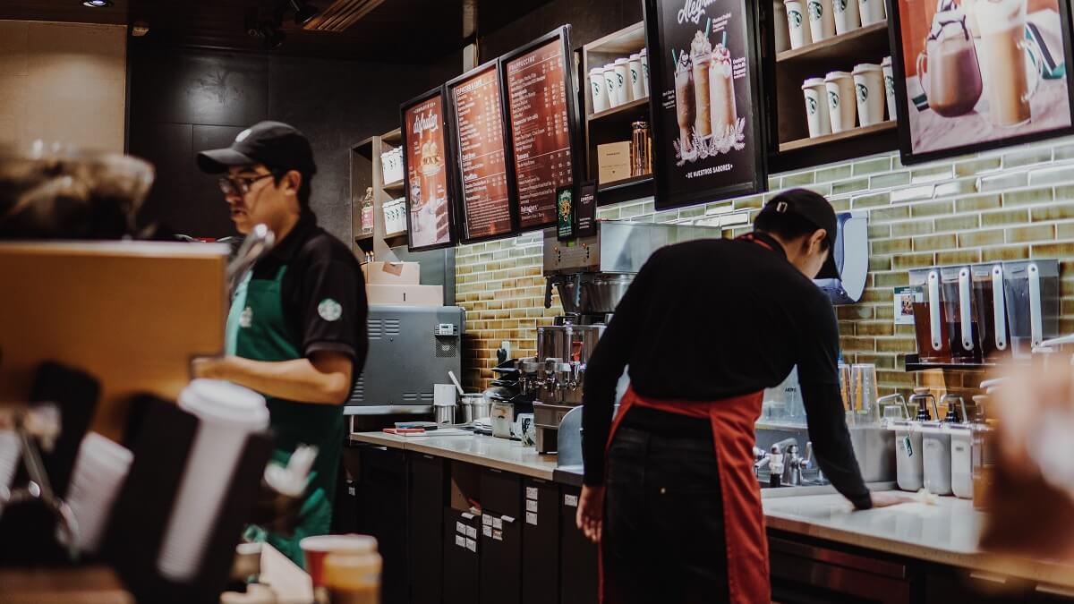 The inside of a Starbucks restaurant.