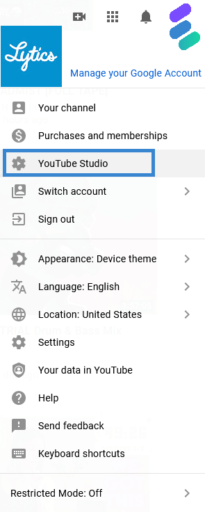 The YouTube Studio option on YouTube.