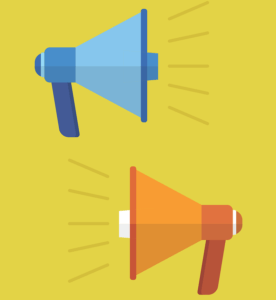 Megaphones speaking at each other.